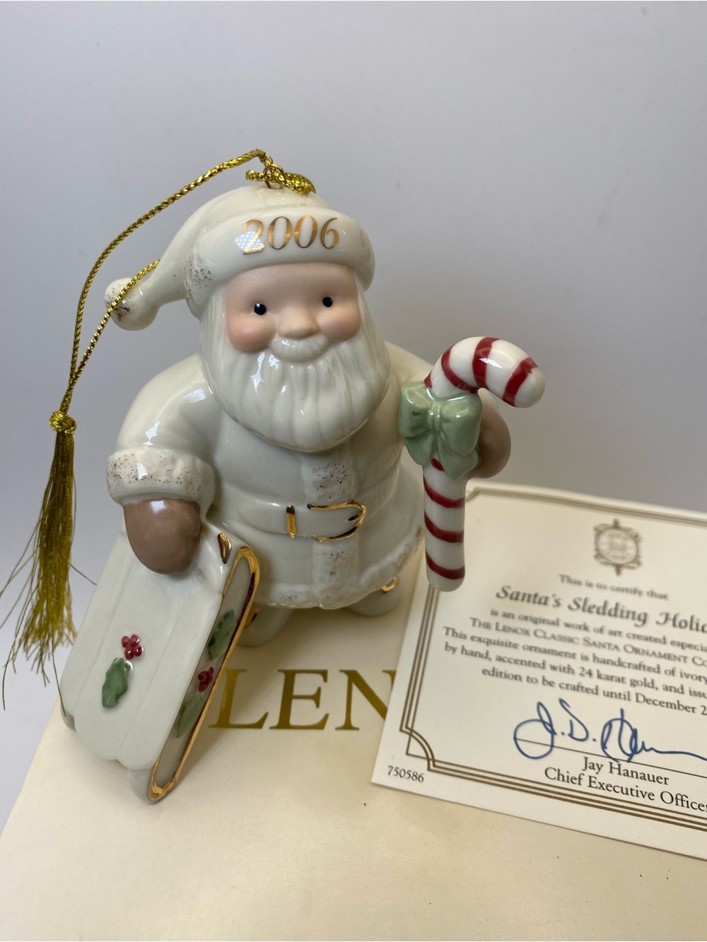 NEW Vintage Lenox 2006 White Santa Ornament with Candy Cane w box & COA